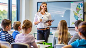 Leerkracht geeft instructie aan leerlingen en observeert met formatief handelen.