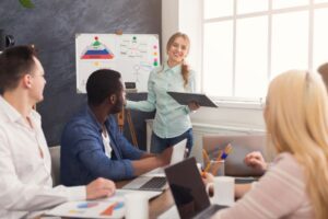 Bijeenkomst van schoolleiders voor leergang over kwaliteit, audit, visitatie en reflectie. Directrice presenteert vanaf whiteboard.