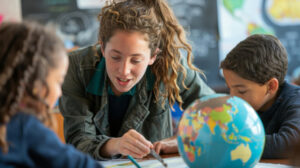 Docent begeleidt leerlingen bij zaakvakles met wereldbol en werkblad – toepassing van EDI in de klas
