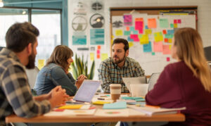 Docenten overleggen over toekomstbestendig en duurzaam, flexibel onderwijs.
