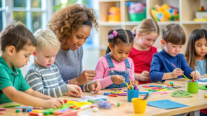 Leerkracht onderbouw kleutergroep in interactie met jonge kinderen