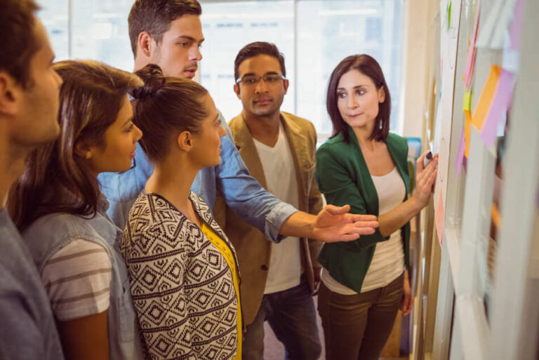 Schoolteam werkt onder leiding van adviseur en schoolleider aan het vormgeven van een schoolplan en visie op 1 poster.