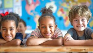 Blije kinderen die gelijkwaardig naast elkaar zitten en samen leren, symbool voor kansengelijkheid en kansrijk leren.