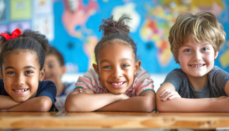 Blije kinderen die gelijkwaardig naast elkaar zitten en samen leren, symbool voor kansengelijkheid en kansrijk leren.