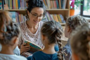 Leerkracht begeleidt leerlingen in gesprek over boek en burgerschapsthema.