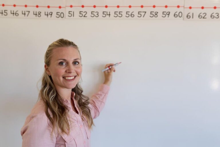 Rekencoördinator staat voor de klas en geeft een rekenles, met getalkaartjes tot 100 boven het bord.