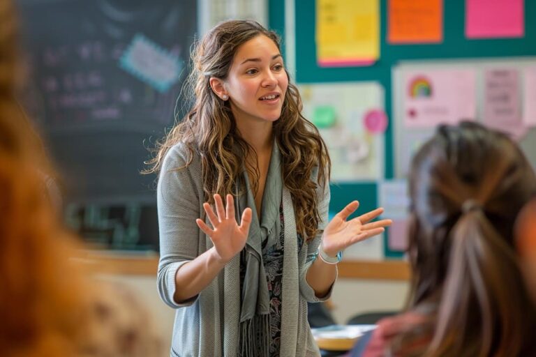 Leerkracht in gesprek met groep over pestgedrag en een veilige groepssfeer.