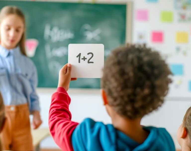 Leerling houdt een kaartje met de som 1+2 omhoog tijdens een interactieve rekenles.
